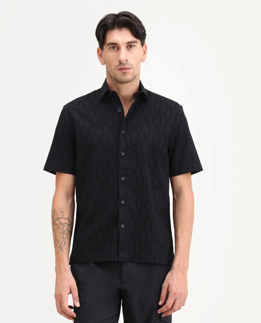 Rare Rabbit Men's Celle Black Cotton Blend Fabric Half Sleeve Spread Collar Regular Fit Shirt