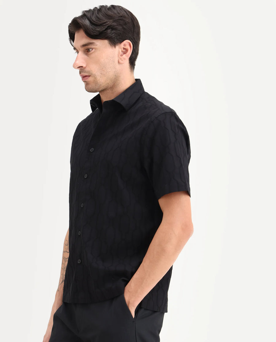 Rare Rabbit Men's Celle Black Cotton Blend Fabric Half Sleeve Spread Collar Regular Fit Shirt