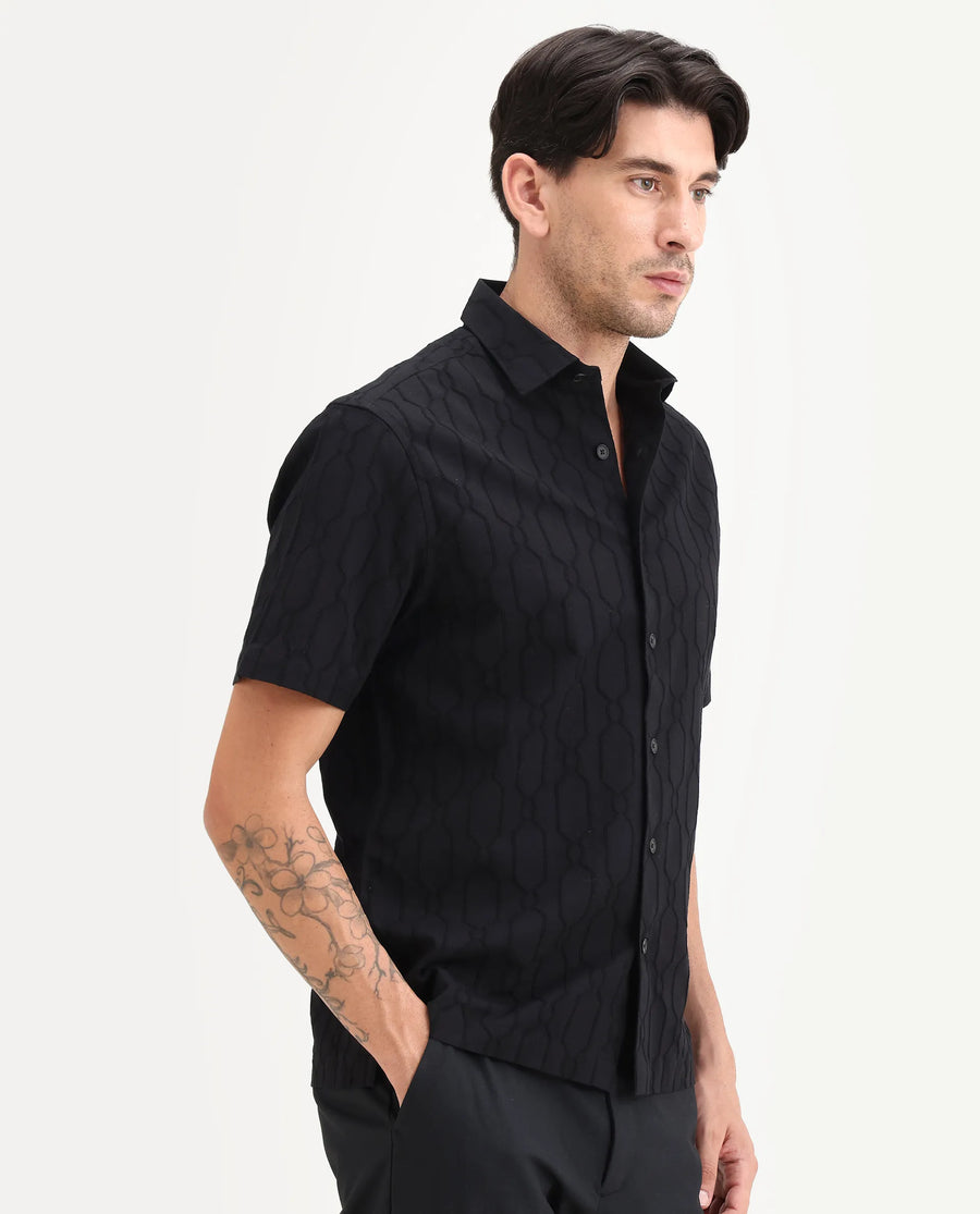 Rare Rabbit Men's Celle Black Cotton Blend Fabric Half Sleeve Spread Collar Regular Fit Shirt