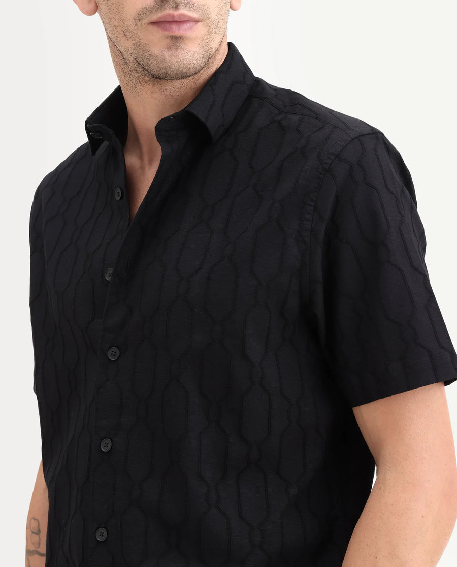 Rare Rabbit Men's Celle Black Cotton Blend Fabric Half Sleeve Spread Collar Regular Fit Shirt