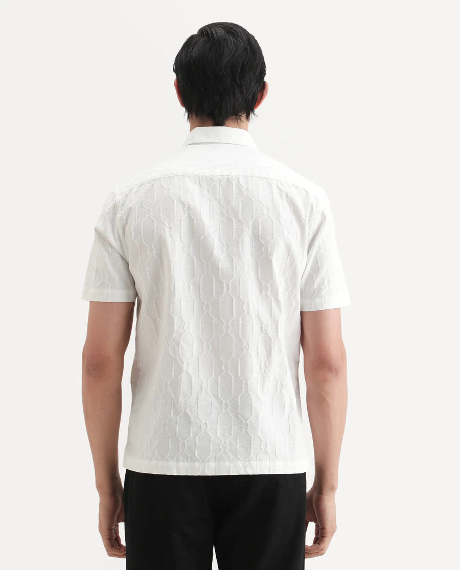 Rare Rabbit Men's Celle White Cotton Blend Fabric Half Sleeve Spread Collar Regular Fit Textured Shirt