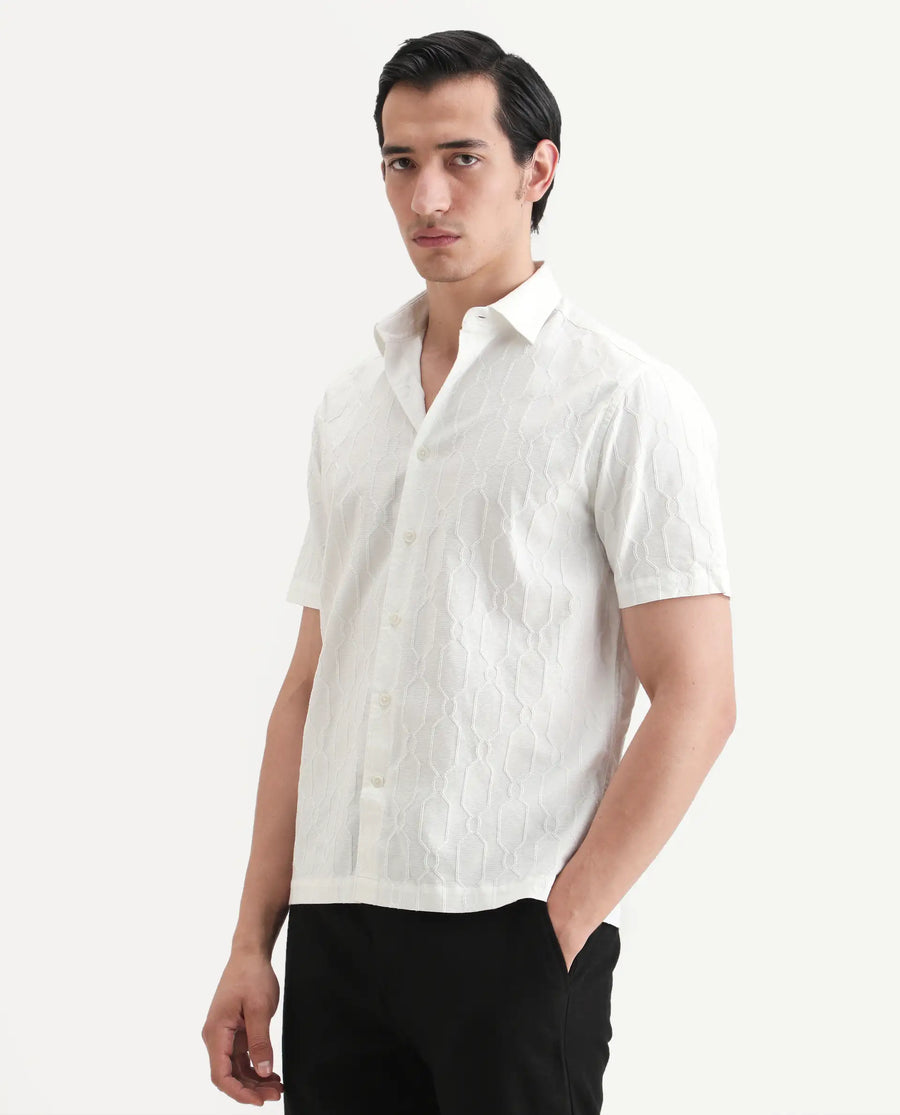 Rare Rabbit Men's Celle White Cotton Blend Fabric Half Sleeve Spread Collar Regular Fit Textured Shirt