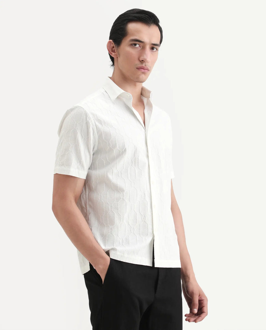 Rare Rabbit Men's Celle White Cotton Blend Fabric Half Sleeve Spread Collar Regular Fit Textured Shirt
