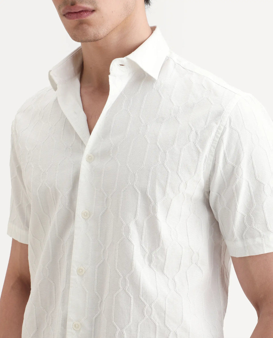 Rare Rabbit Men's Celle White Cotton Blend Fabric Half Sleeve Spread Collar Regular Fit Textured Shirt
