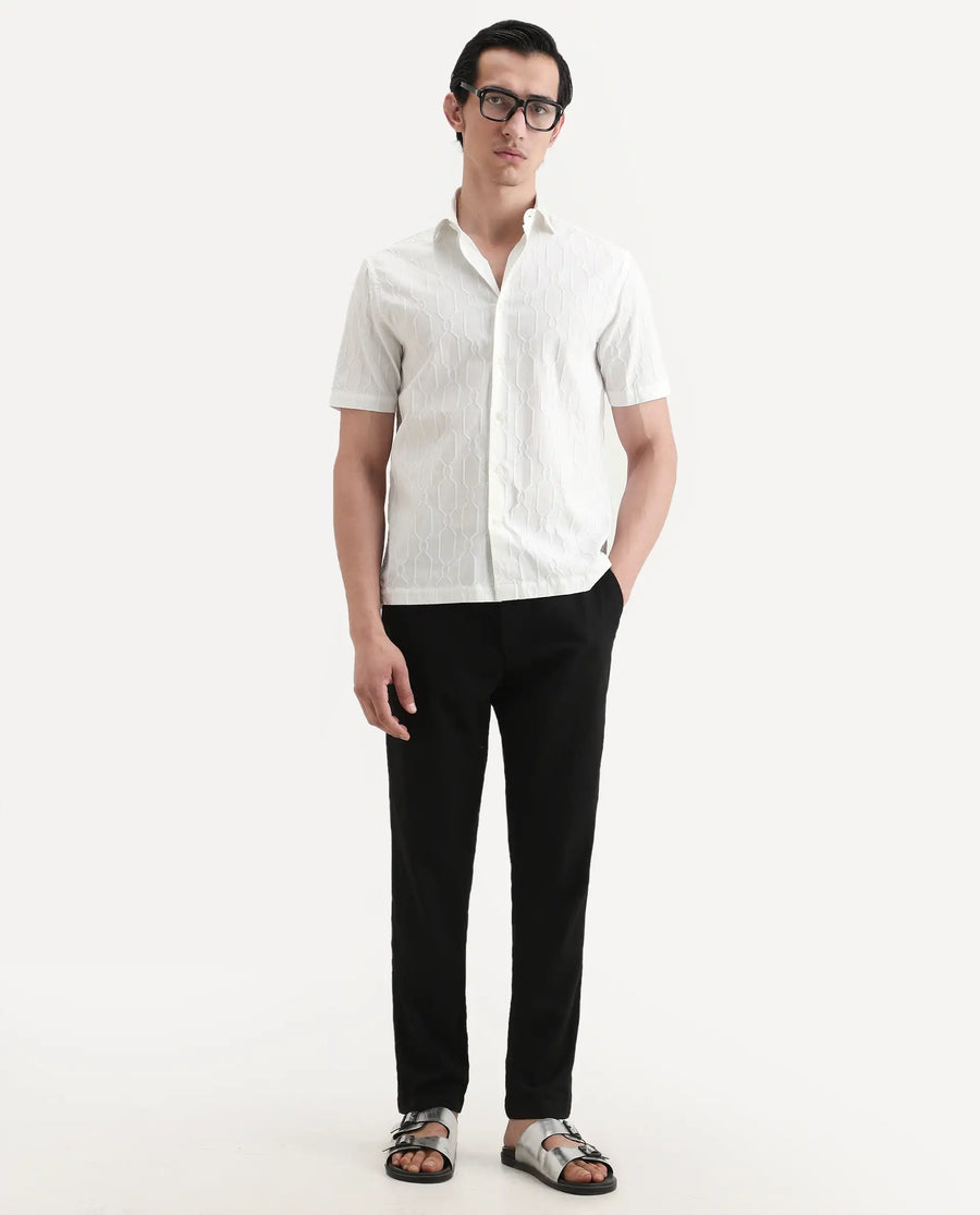 Rare Rabbit Men's Celle White Cotton Blend Fabric Half Sleeve Spread Collar Regular Fit Textured Shirt