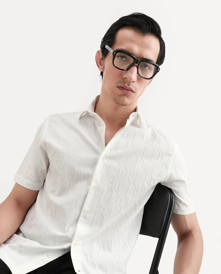 Rare Rabbit Men's Celle White Cotton Blend Fabric Half Sleeve Spread Collar Regular Fit Textured Shirt