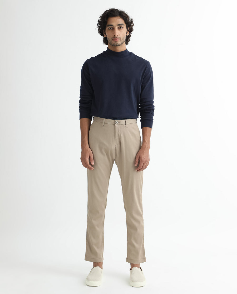 Rare Rabbit Men's Cellular Khaki Cotton Plain Regular Fit Trouser