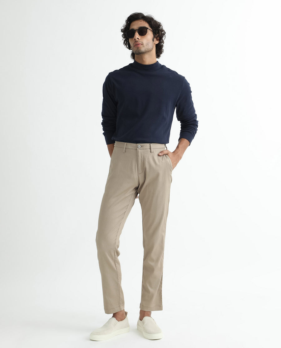 Rare Rabbit Men's Cellular Khaki Cotton Plain Regular Fit Trouser