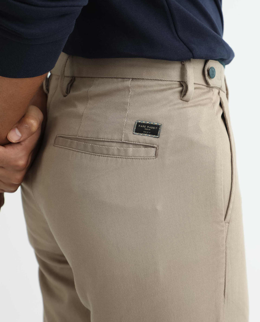 Rare Rabbit Men's Cellular Khaki Cotton Plain Regular Fit Trouser