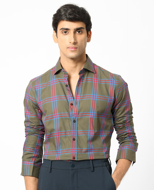 Rare Rabbit Men's Cellul Olive Cotton Checked Print Regular Fit Full Sleeve Collared Shirt