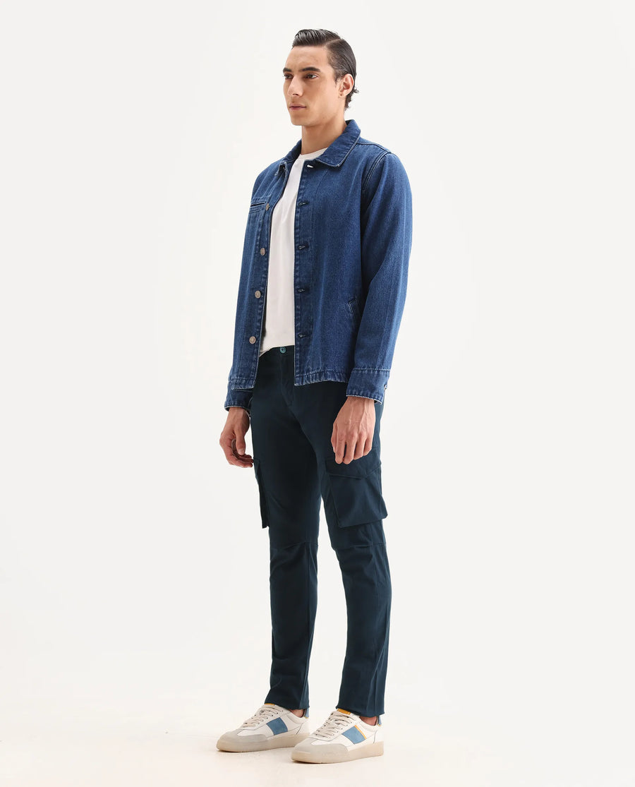 Rare Rabbit Men's Celu Navy Cotton Plain Slim Fit Trouser