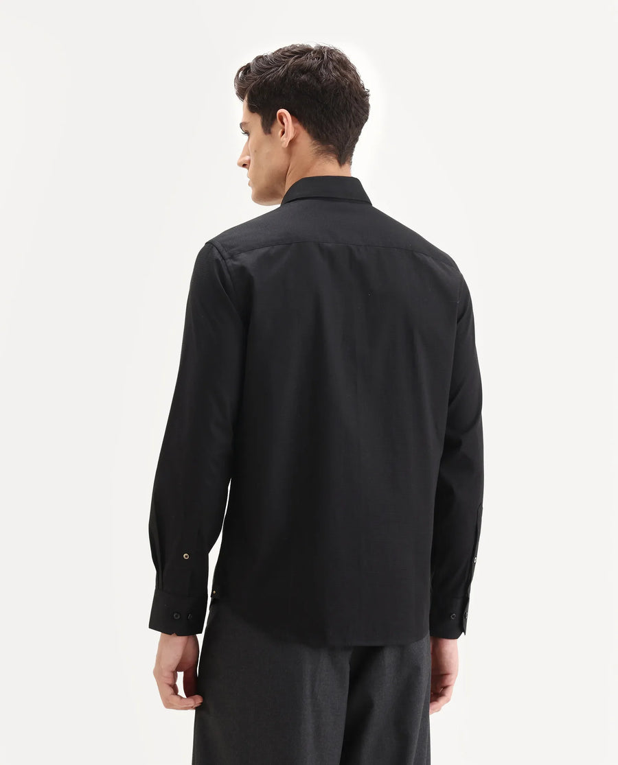 Rare Rabbit Men's Centi-25 Black Cotton Fabric Spread Collar Regular Fit Plain Shirt
