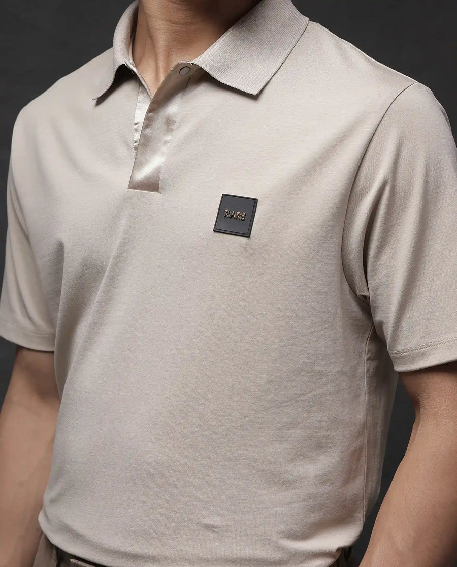 Rare Rabbit Men's Centor - Beige Cotton Plain Regular Fit Half Sleeve Polo
