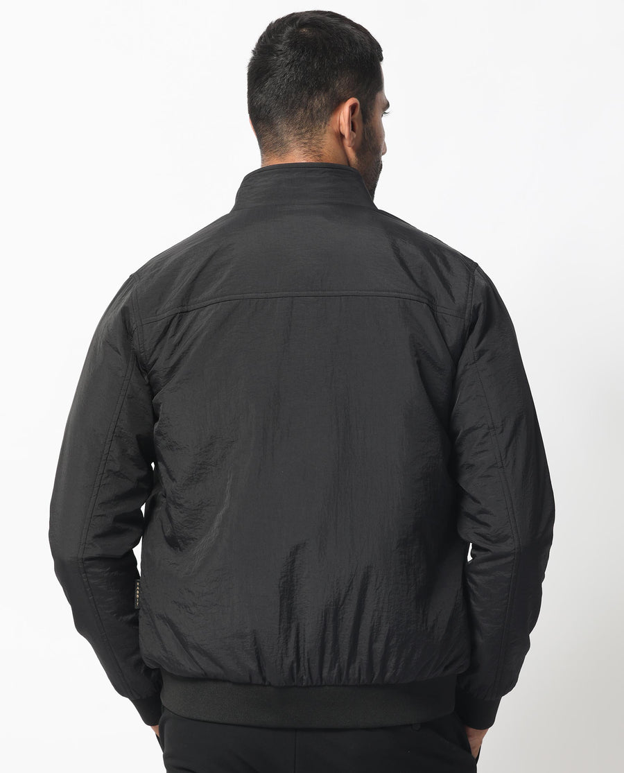 Rare Rabbit Men's Cerno Black Polyester Plain Regular Fit Full Sleeve Mandarin Collar Jacket