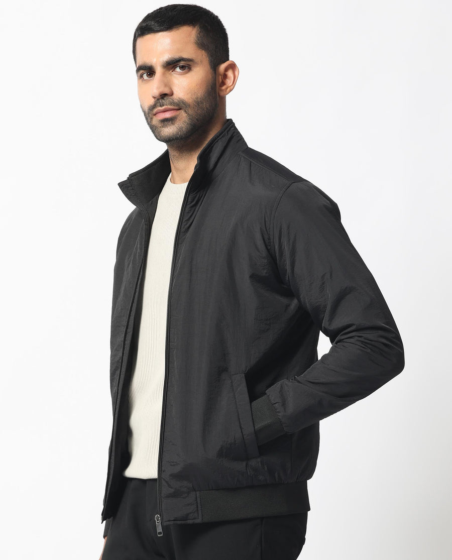 Rare Rabbit Men's Cerno Black Polyester Plain Regular Fit Full Sleeve Mandarin Collar Jacket