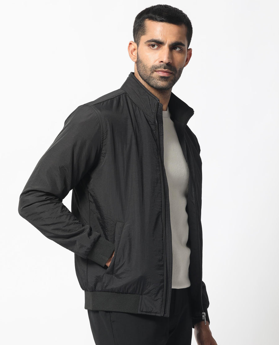 Rare Rabbit Men's Cerno Black Polyester Plain Regular Fit Full Sleeve Mandarin Collar Jacket