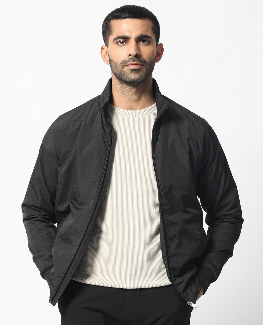 Rare Rabbit Men's Cerno Black Polyester Plain Regular Fit Full Sleeve Mandarin Collar Jacket