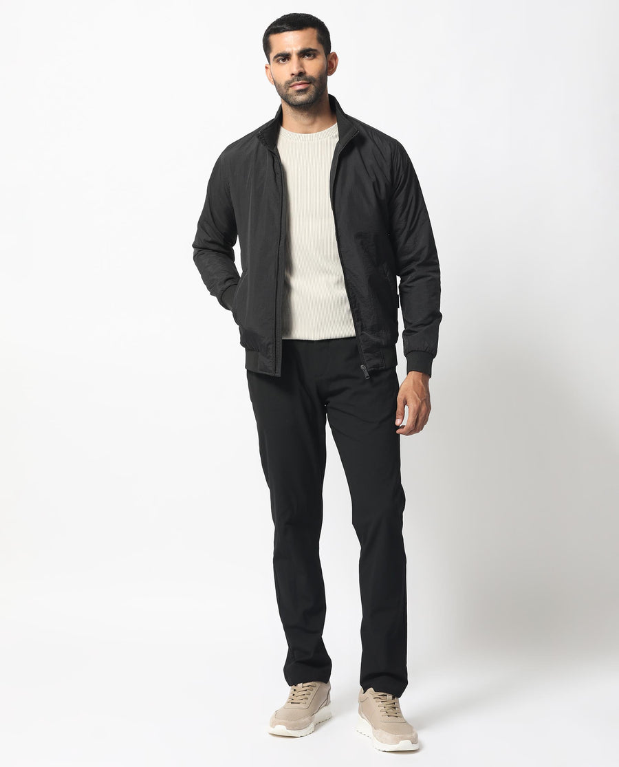 Rare Rabbit Men's Cerno Black Polyester Plain Regular Fit Full Sleeve Mandarin Collar Jacket