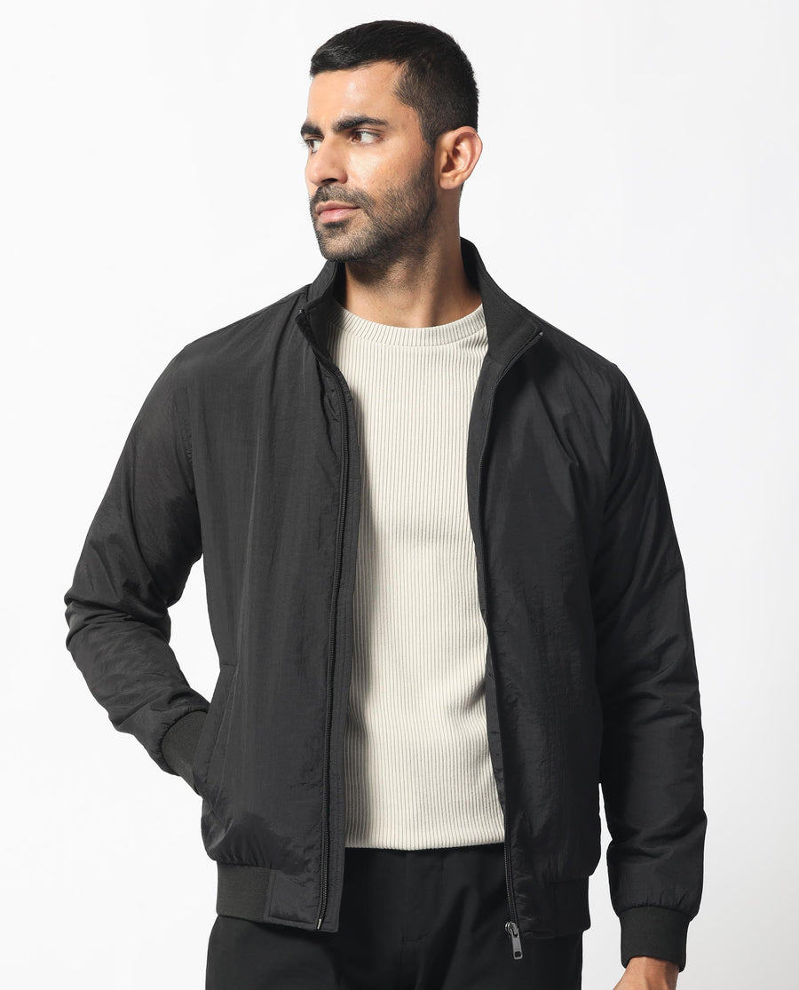 Rare Rabbit Men's Cerno Black Polyester Plain Regular Fit Full Sleeve Mandarin Collar Jacket