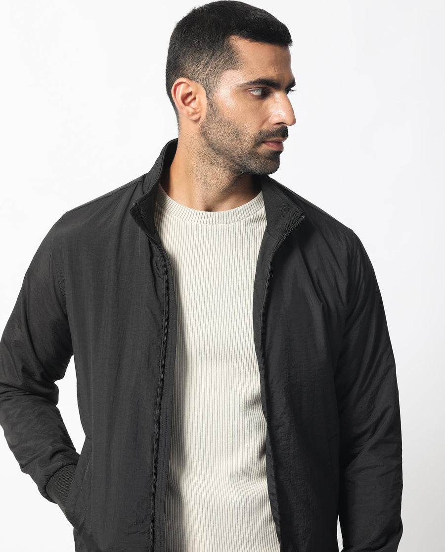 Rare Rabbit Men's Cerno Black Polyester Plain Regular Fit Full Sleeve Mandarin Collar Jacket