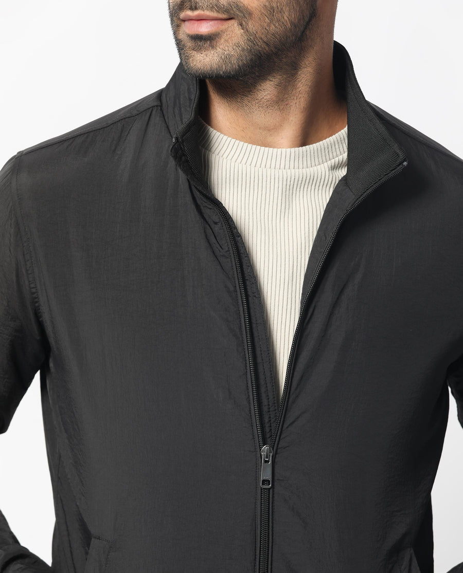 Rare Rabbit Men's Cerno Black Polyester Plain Regular Fit Full Sleeve Mandarin Collar Jacket