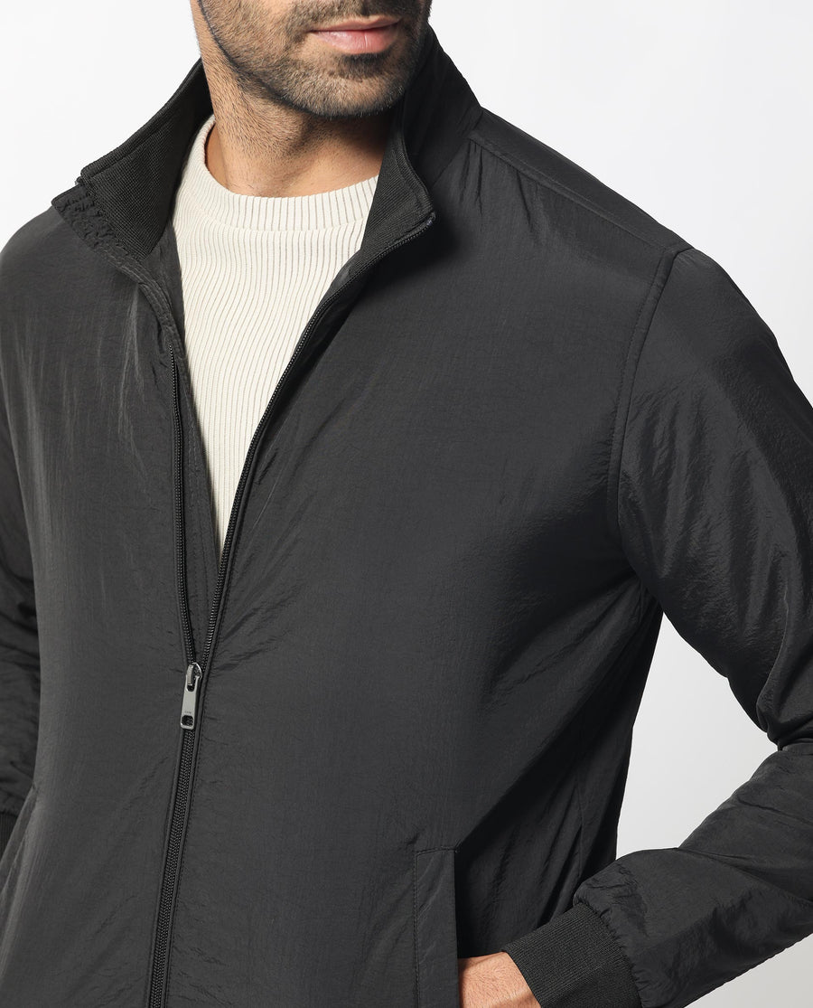 Rare Rabbit Men's Cerno Black Polyester Plain Regular Fit Full Sleeve Mandarin Collar Jacket