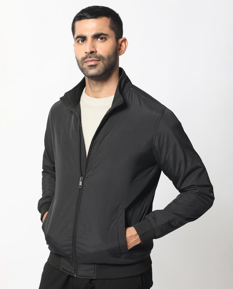 Rare Rabbit Men's Cerno Black Polyester Plain Regular Fit Full Sleeve Mandarin Collar Jacket
