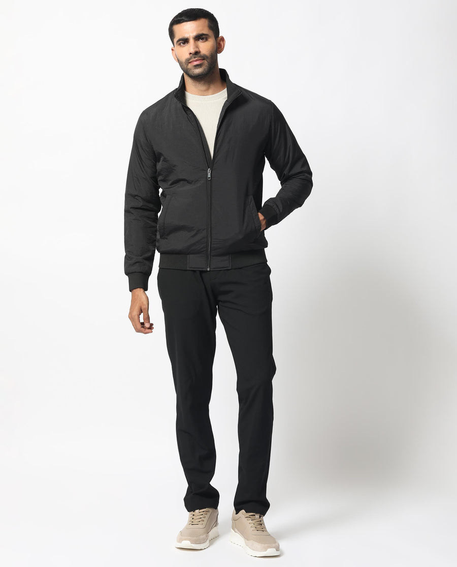 Rare Rabbit Men's Cerno Black Polyester Plain Regular Fit Full Sleeve Mandarin Collar Jacket