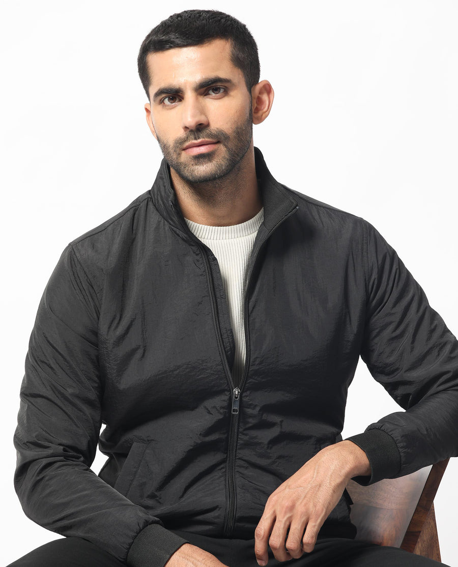 Rare Rabbit Men's Cerno Black Polyester Plain Regular Fit Full Sleeve Mandarin Collar Jacket