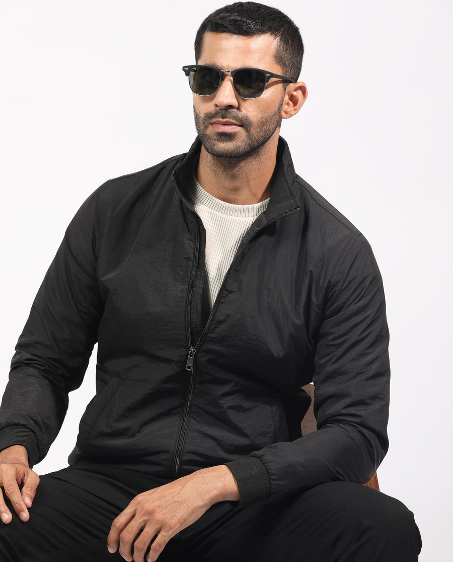 Rare Rabbit Men's Cerno Black Polyester Plain Regular Fit Full Sleeve Mandarin Collar Jacket