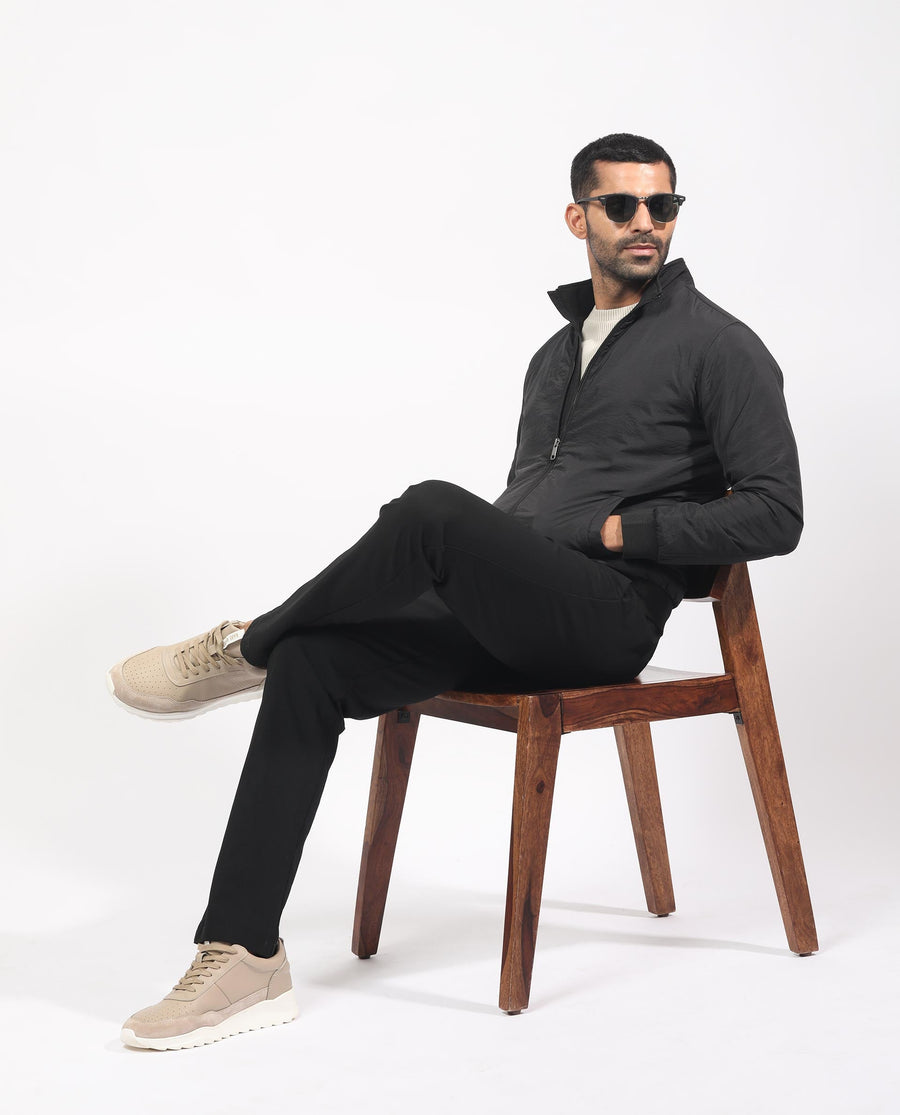 Rare Rabbit Men's Cerno Black Polyester Plain Regular Fit Full Sleeve Mandarin Collar Jacket