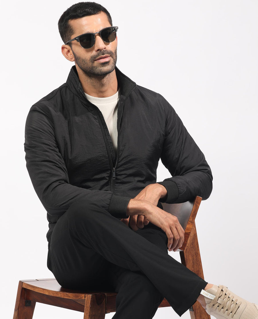 Rare Rabbit Men's Cerno Black Polyester Plain Regular Fit Full Sleeve Mandarin Collar Jacket