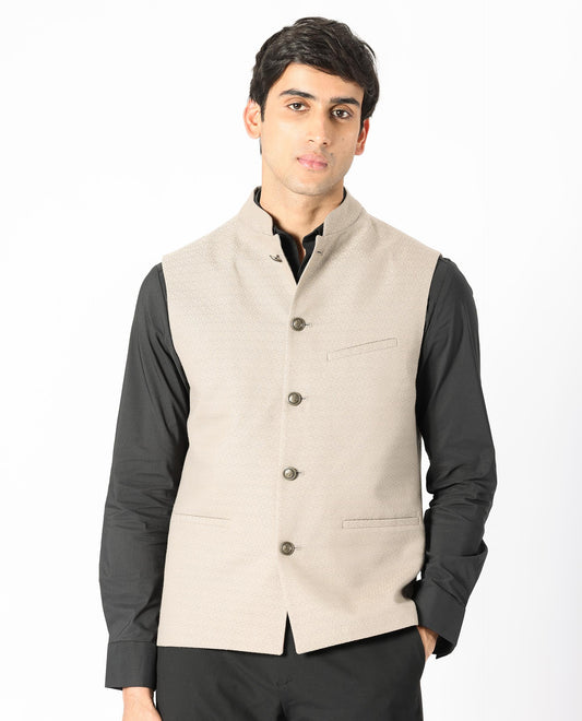 Rare Rabbit Men's Cerny Dark Beige Polyester Jacquard Tailored Fit Sleeveless Mandarin Collar Bandhgala