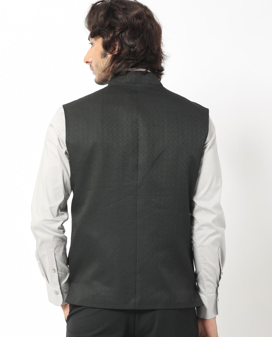 Rare Rabbit Men's Cerny Black Polyester Jacquard Tailored Fit Sleeveless Mandarin Collar Bandhgala