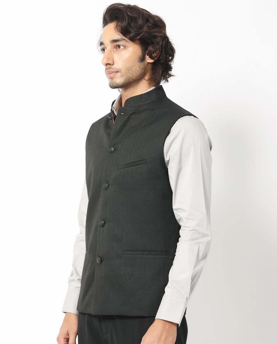 Rare Rabbit Men's Cerny Black Polyester Jacquard Tailored Fit Sleeveless Mandarin Collar Bandhgala
