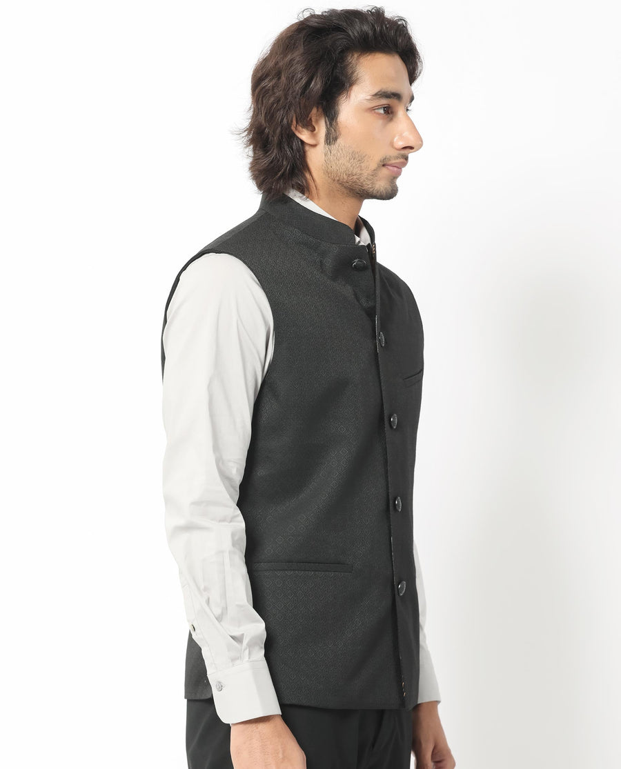 Rare Rabbit Men's Cerny Black Polyester Jacquard Tailored Fit Sleeveless Mandarin Collar Bandhgala