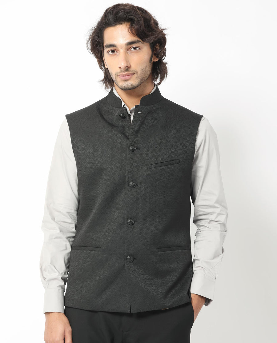 Rare Rabbit Men's Cerny Black Polyester Jacquard Tailored Fit Sleeveless Mandarin Collar Bandhgala