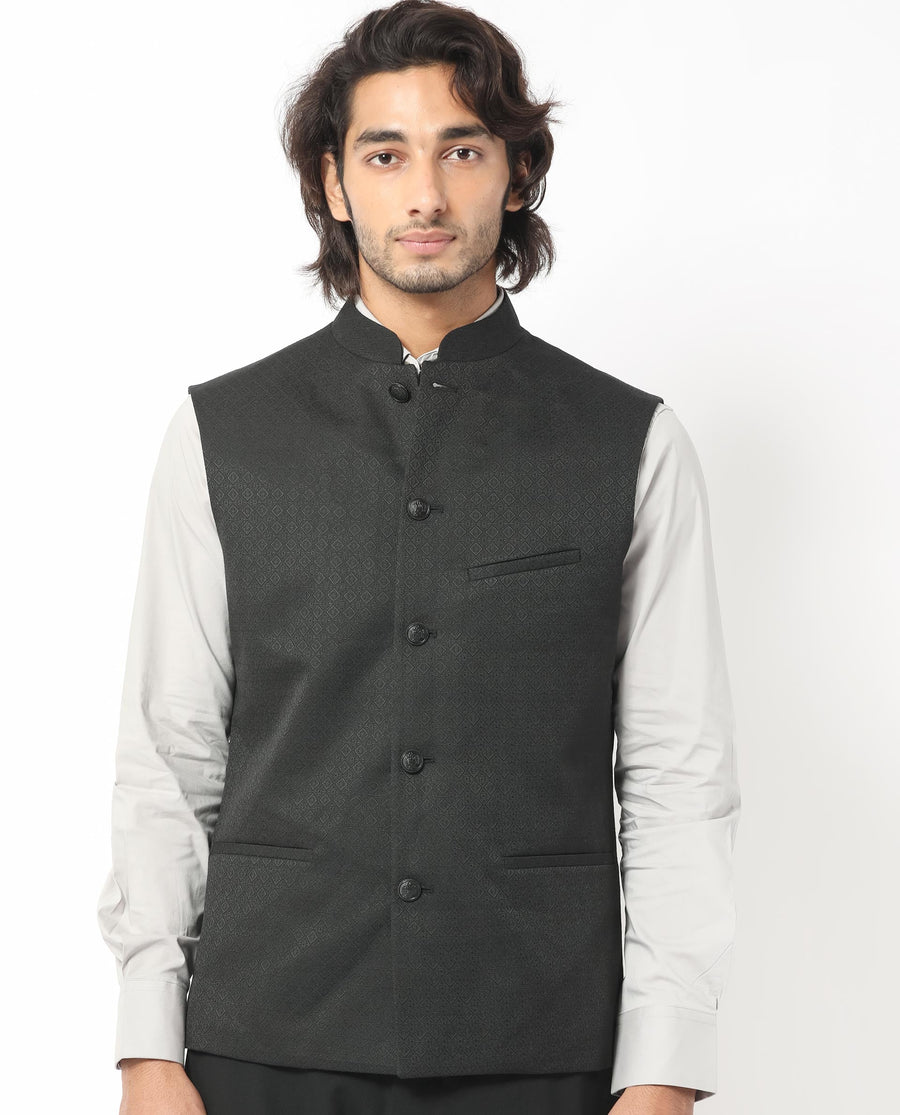 Rare Rabbit Men's Cerny Black Polyester Jacquard Tailored Fit Sleeveless Mandarin Collar Bandhgala