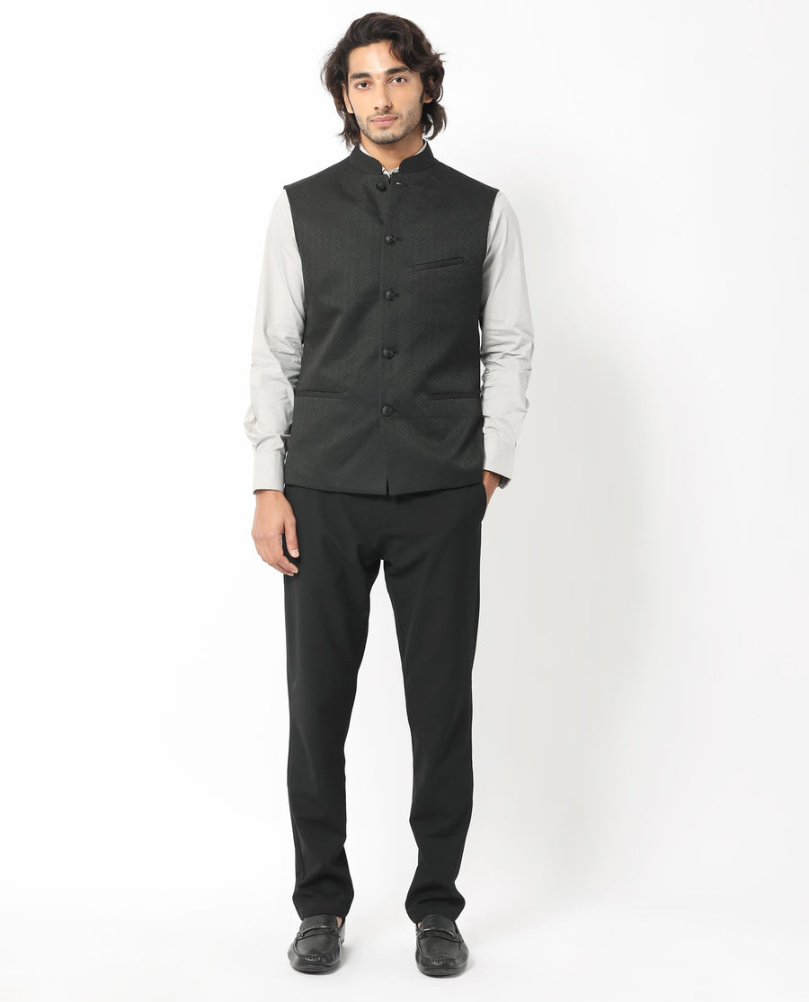 Rare Rabbit Men's Cerny Black Polyester Jacquard Tailored Fit Sleeveless Mandarin Collar Bandhgala