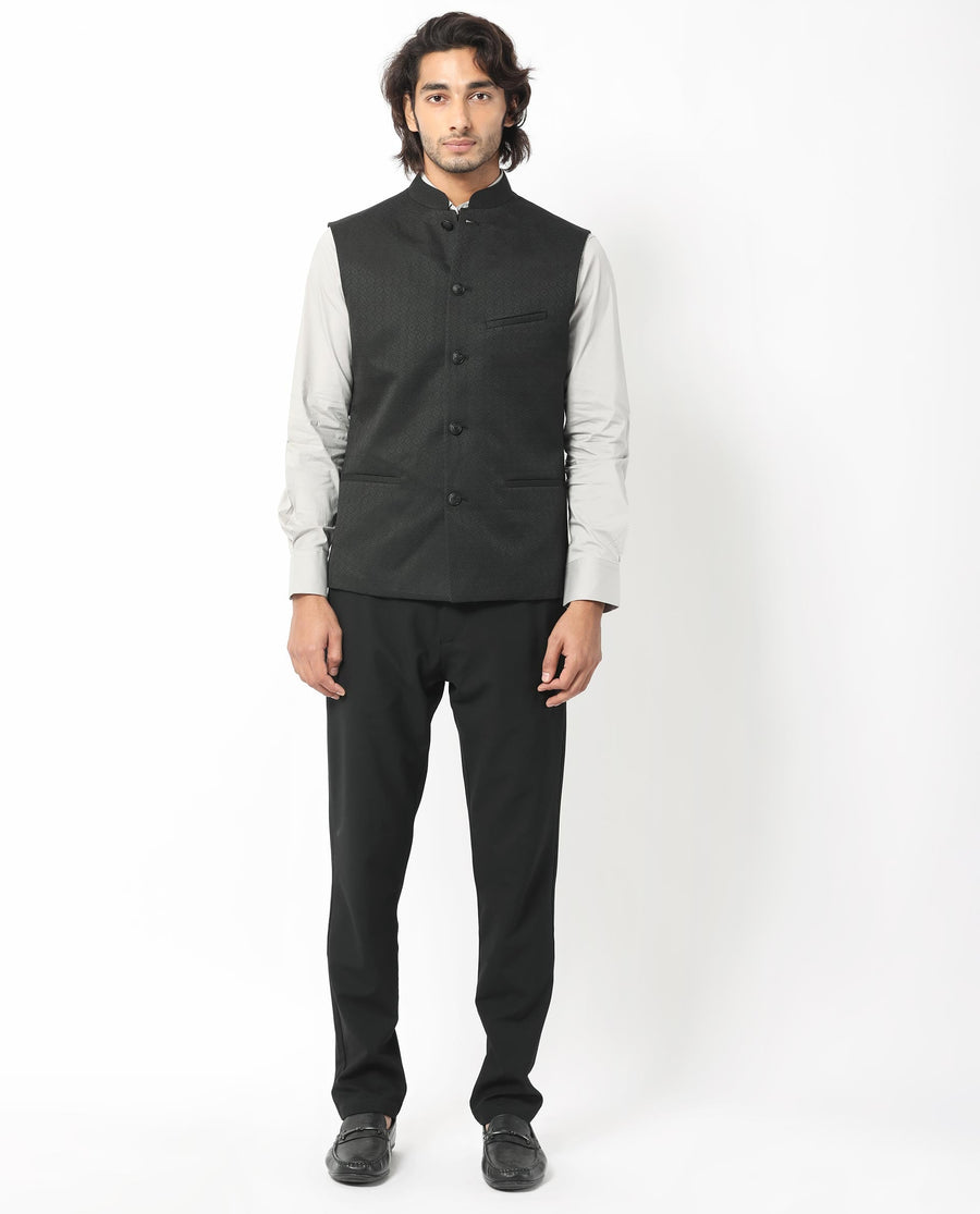 Rare Rabbit Men's Cerny Black Polyester Jacquard Tailored Fit Sleeveless Mandarin Collar Bandhgala