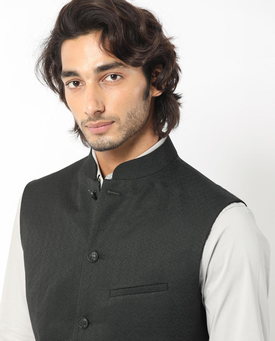 Rare Rabbit Men's Cerny Black Polyester Jacquard Tailored Fit Sleeveless Mandarin Collar Bandhgala
