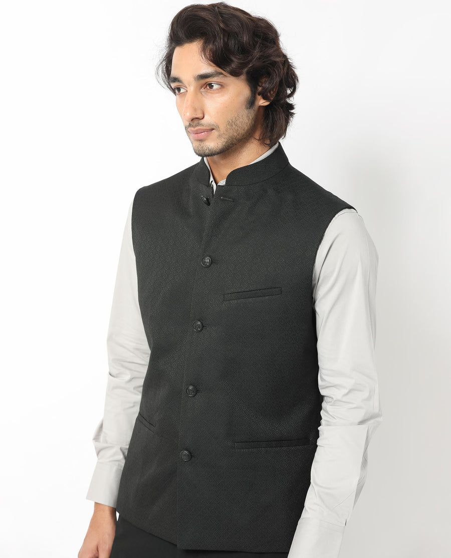 Rare Rabbit Men's Cerny Black Polyester Jacquard Tailored Fit Sleeveless Mandarin Collar Bandhgala