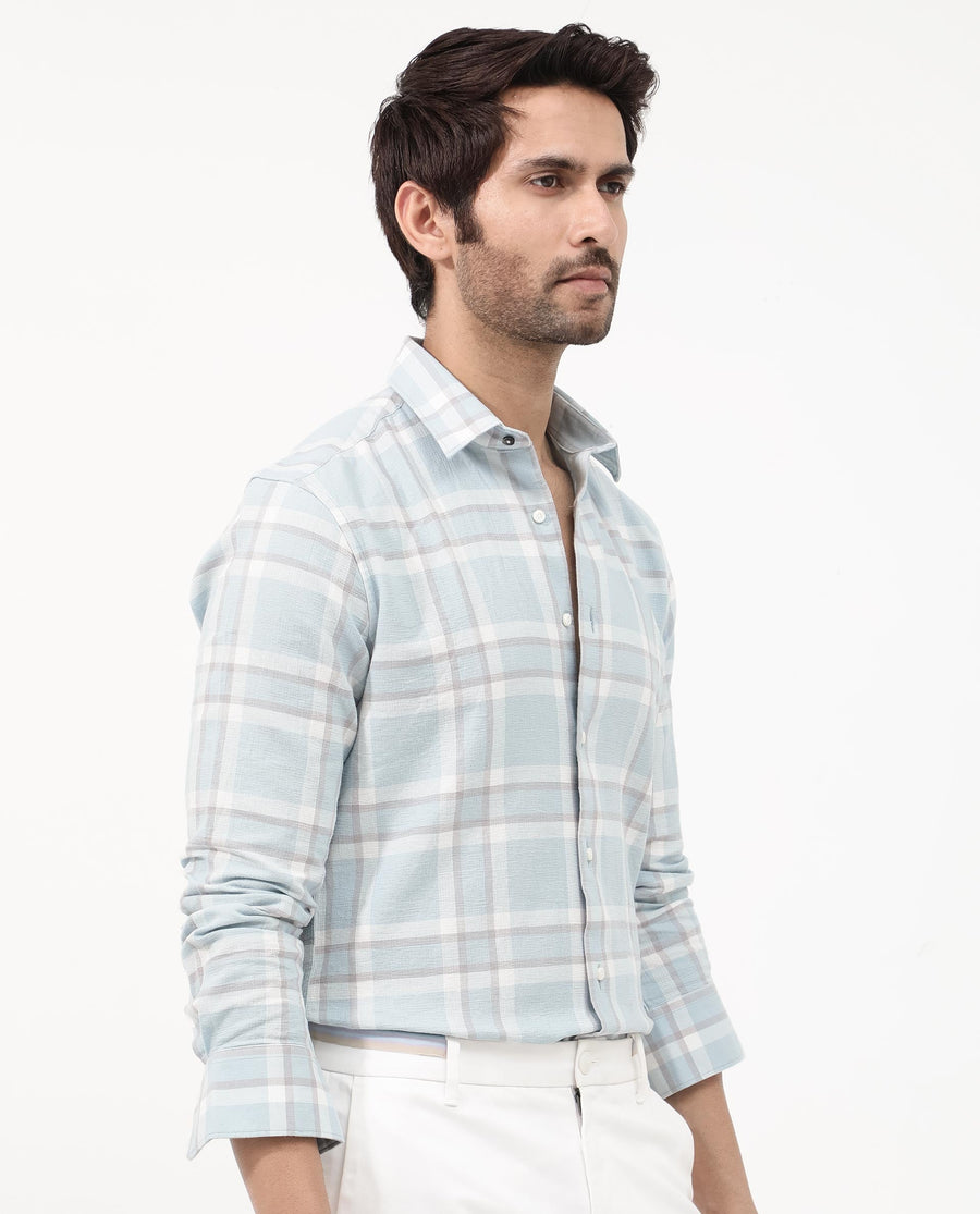 Rare Rabbit Men's Cerol Pastel Blue Cotton Checked Print Regular Fit Full Sleeve Collared Shirt