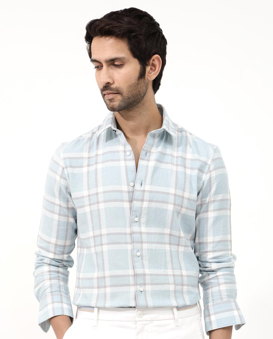 Rare Rabbit Men's Cerol Pastel Blue Cotton Checked Print Regular Fit Full Sleeve Collared Shirt
