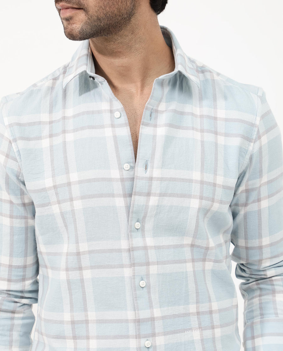 Rare Rabbit Men's Cerol Pastel Blue Cotton Checked Print Regular Fit Full Sleeve Collared Shirt