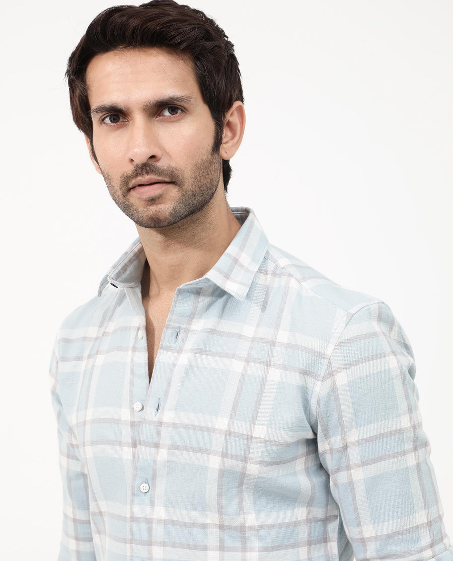 Rare Rabbit Men's Cerol Pastel Blue Cotton Checked Print Regular Fit Full Sleeve Collared Shirt