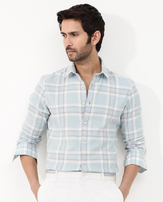 Rare Rabbit Men's Cerol Pastel Blue Cotton Checked Print Regular Fit Full Sleeve Collared Shirt