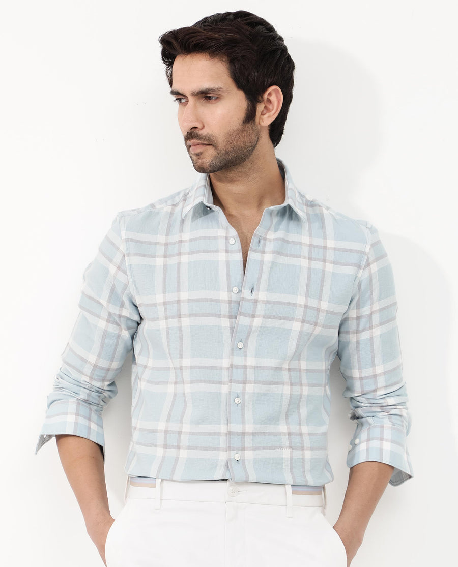 Rare Rabbit Men's Cerol Pastel Blue Cotton Checked Print Regular Fit Full Sleeve Collared Shirt