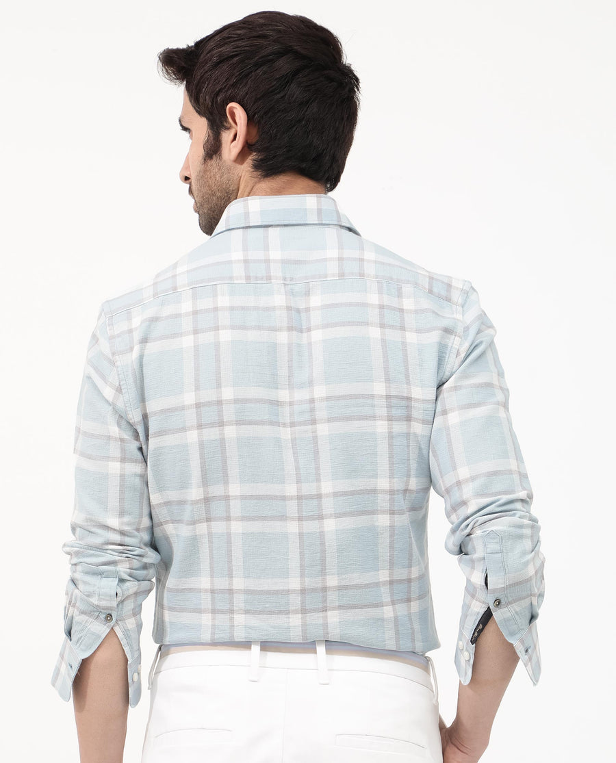 Rare Rabbit Men's Cerol Pastel Blue Cotton Checked Print Regular Fit Full Sleeve Collared Shirt