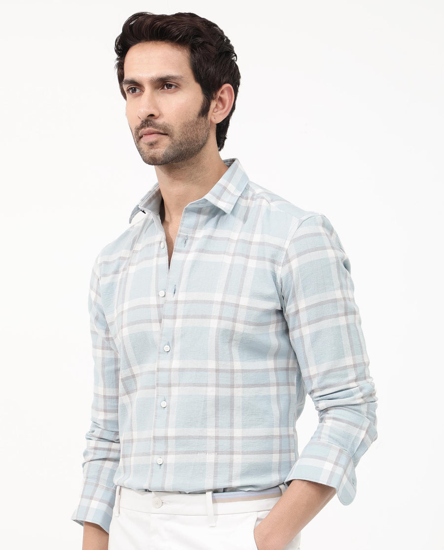 Rare Rabbit Men's Cerol Pastel Blue Cotton Checked Print Regular Fit Full Sleeve Collared Shirt